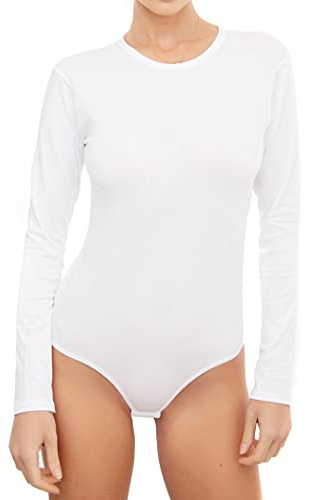 Avely Damen Body langarm l Basic Body aus Baumwolle mit Rundhals l Bodysuit für Frauen l Jupsuit l Overall l Blusenbody weiß XL