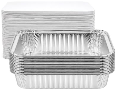 VIRSUS 100 Vaschette in Alluminio Rettangolari Argentate contenitori per Alimenti USA e Getta, perfette per teglie in Alluminio per Takeaway + 100 coperchi (2 Porzioni R8L)