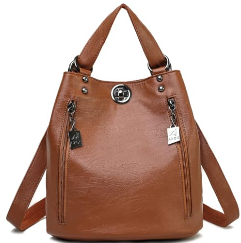 Kiepoar Damen Leder Rucksack Umhängetasche Elegant Bucket Bag, Große Lederrucksack Wasserdicht 2 in 1 als Fashion Backpack und Schultertasche, Daypack Leichte Mode, Bag für Arbeit Schule Reise, braun