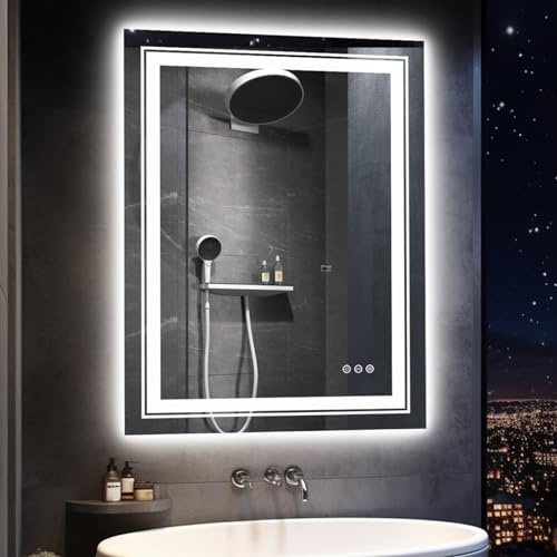 LUVODI Badspiegel mit Beleuchtung 90x70cm: Badezimmerspiegel mit Hintergrundbeleuchtung und Frontbeleuchtung, LED Wandspiegel Beleuchtet mit 3 Smart Touch-Schalter Antibeschlag Dimmbar 3000-6000K