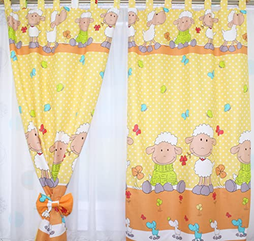 Kinderzimmer Vorhänge Gardinen 2er Set - Schaf Gelb - mit Schlaufen für Baby Kinder
