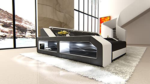 Ledersofa Arezzo L Form Sofa - mit LED Beleuchtung, verstellbare Kopfstützen, Recamiere/Lederfarben wählbar/Ausrichtung Ottomane wählbar (Ottomane Links, Schwarz-Weiß)