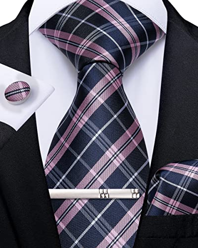 DiBanGu Herren-Krawatten-Set aus Seide, gestreift, kariert, Krawatte, Einstecktuch, Manschettenknöpfe und Krawattenklammer, Set für Business, Hochzeit, Party, Marineblau, Einheitsgröße