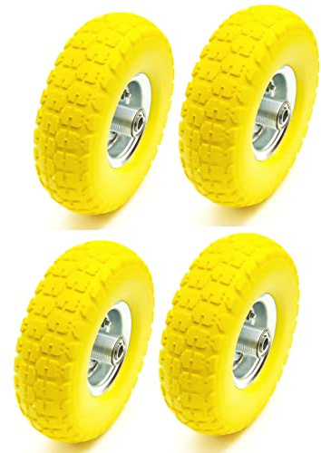 4x10 3.50-4 Pneumatic Wheelbarrow Wheels Pneumatic Sack Truck Trolley Wheel Puncture Proof Tyre Complete for Garden heavy duty Trolley Barrow Trailer Truck Yellow Solid Replacement Wheelbarrow Wheel