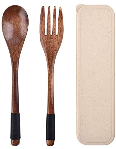 Jiayaus Juego de Cubiertos de Madera Con Tenedores, Cucharas y Cucharaditas | Reutilizables Juego de cubiertos de madera Estuche Incluido, Para Miel y Más