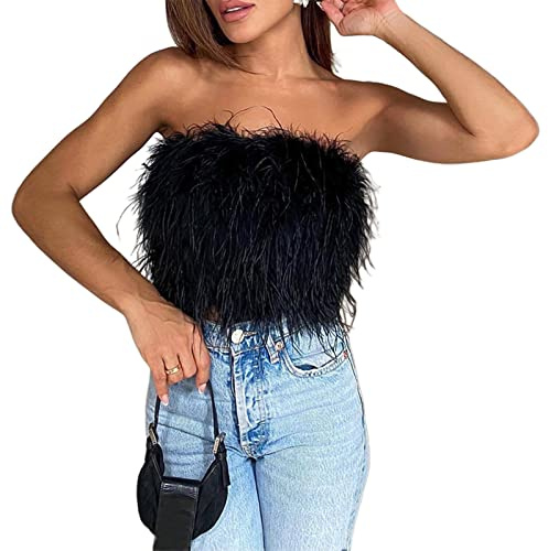 PDYLZWZY Femmes Fourrure Plume Tube Tops Fausse Fourrure Cami Camisole Crop Top Sans Manches Dos Sans Bretelles Top Fluffy Sexy, Noir #1, M