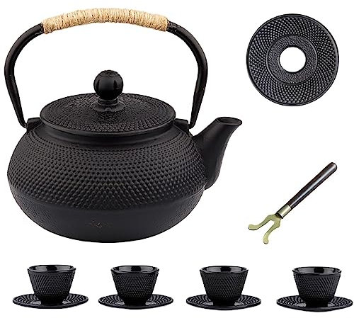 Juego de tetera de hierro fundido 800ml tetera tradicional con steeper de acero inoxidable con 4 tazas de té y bandeja trípode Tetera de hierro fundido segura para la estufa.