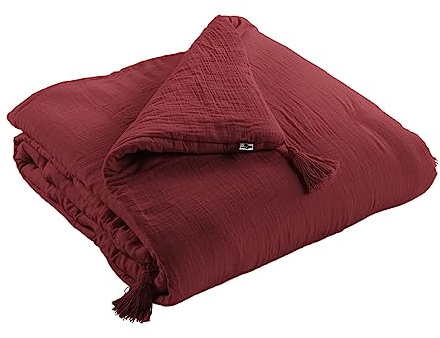 Mylittlebed Edredón Cubrecama El Efecto Mariposa 90x200 cm – Camino de cama 100% Gasa de Algodón con Acabado de Pompones [Cubrecamas y Colchas] (Burdeos)