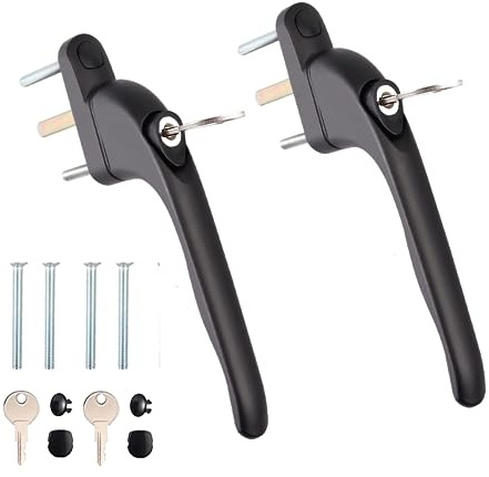 WODSTA Fenstergriff aus UPVC, abschließbar, Aluminium, Weiß, Universal-Espag-Griffe mit Schlüssel mit 43 mm Spindellänge für Innen- und Außenbereich, UPVC-Fenster, Schwarz, 2 Stück
