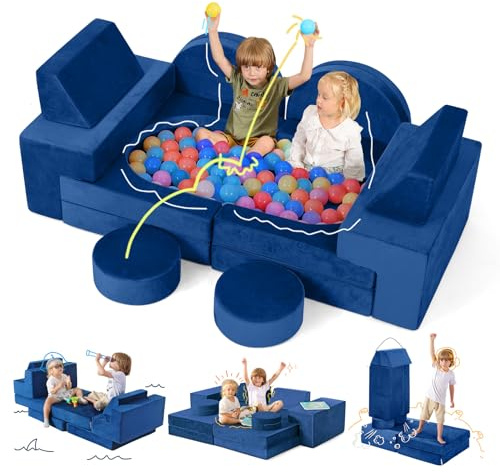 Kidirect Modular Kids Play Couch, K12 320+DIY Convertible Foam Couch for Boys & Girls, Versatile Foam Fort Building Set, Child Sectional Kids Sofa for Playroom Bedroom(Ocean Blue)