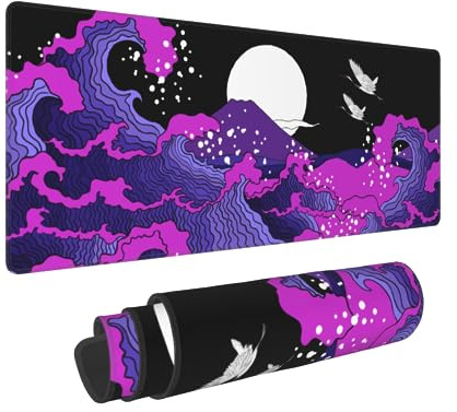 Japanese Balck Blue Purple Wave Gaming Mouse Pad 31.5 X 11.8 Inch XL Cool Style Art Design Print Big Mousepad Extended Large Laptop Keyboard Non-Slip Rubber Base with Stitched Edges for Home Office