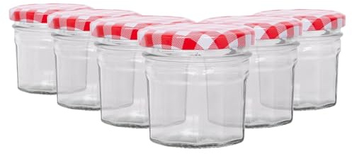 Argon Tableware Glass Jam Jars with Airtight Red Gingham Lids - 90ml - Pack of 6 - Empty Screw Top Kitchen Storage Jar for Food, Honey, Spice, Pickling, Preserving, Candle Making