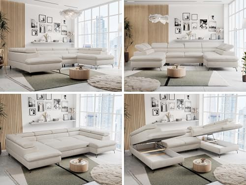 MKS MEBLE Sofa U-Form, Wohnlandschaft U-Form, Sofa mit Schlaffunktion und Bettkasten, Schlafsofa mit Bettkasten, Couch mit Verstellbare Kopfstützen - Peter U - Creme Velvet (ohne Topper)