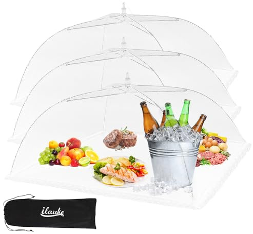 ilauke Food Covers Mesh Pop Up, 3 Pack 100 x 60cm(24×40) Extra Large Food Net Covers, Foldable Fly Covers for Food, Outdoors,BBQ, Picnic, Garden Party, Screen Tents, Cake, Fruit, Keep Out Flies Bugs