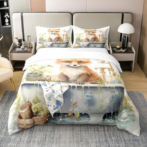 3D Fuchs 100% Bio Baumwolle Tröster Abdeckung 200x200,Kawaii Wildlife Tier Bettwäsche Set,Badewanne Netter Fuchs Bettbezug,Lustige Cartoon Tier Stil Bett Sets,Braune Schlafzimmer Dekor