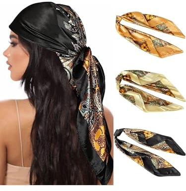 Generisch 3 Stück Satin Kopftücher für Damen, Großes Quadratisches Halstuch mit Seidengefühl, Weiche Haarbandana Schals für Haare, Hals und Tasche, Mehrfarbig