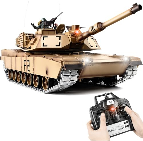 Supdex 1/16 RC Tank, Heng Long US M1A2 Abrams Army Toy with Smoke, Sound and Lights, Remote Control Tank That Shoots with Upgraded Metal Tracks, Idler and Sprocket Wheel, Steel Gearbox, Batteries*2