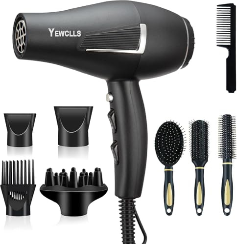 Sèche-cheveux ionique Salon de séchage rapide 2100W Sèche-cheveux professionnel 2 concentrateur 4 peignes 1 diffuseur Salon familial à friser avec bouton froid (Noir)