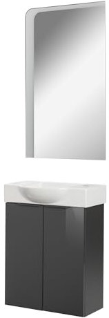 FACKELMANN Luna Gäste-WC Set 3-teilig – Badezimmer-Set mit Waschbeckenunterschrank, Keramik-Waschbecken Hahnloch rechts & LED-Spiegel – Anthrazit Hochglanz, 55 cm, Made in Germany