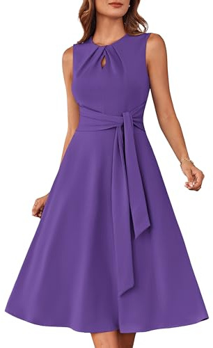 GRACE KARIN Damen A-Linien-Midikleid Ärmelloses Rundhalskleid mit Gürteltaschen Party Club Alltag Arbeit Hochzeit