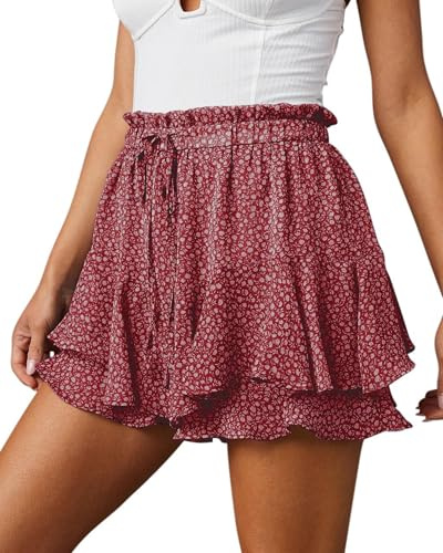 Oyamiki Floral Skorts for Women UK Mini Ruffle Skirt Pleated Summer Casual Flowy Skirts Elastic Waist Layered Boho Shorts
