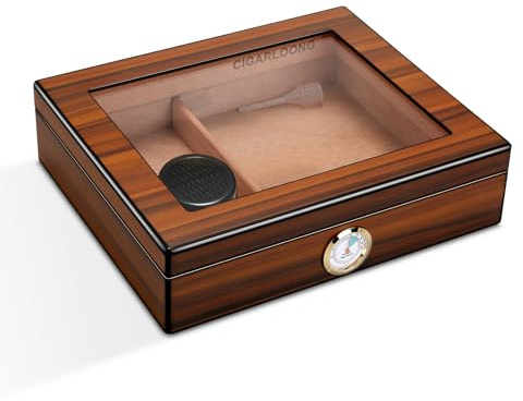 CIGARLOONG Humidor Cave à Cigare Stockage de 25-35 en Verre Artisanal Boîte de Rangement de Bureau en Bois de Cèdre avec Diviseur, Humidificateur et Hygromètre,Brun (Small)