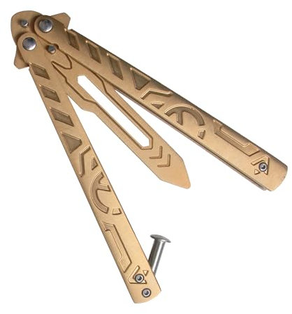 Genérico Navaja Mariposa Entrenamiento fabricada en acero inoxidable sin filo para practicar con seguridad diseño exclusivo con grabados plegable tipo abanico color dorado oro