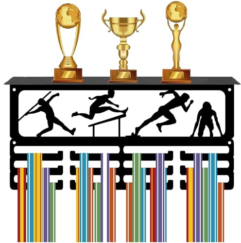 CREATCABIN Medaillenhalter Für Leichtathletik Sportmedaillenständer Wandmontage 70+ Medaillen Auszeichnungs Organizer 3 Linien Separate Haken Bänder Hängedisplay Für Sportler Wettkampfsieger 40x20cm