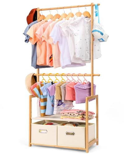 Yorbay Bambus Kinder Kleiderständer für Spielzimmer: 2 Hängestangen (Natur) | 2 Aufbewahrungskörben & 2 Verstellbaren Hängestangen - Garderobenständer mit Regal, Anziehständer für Kostüme im Kinderzimmer