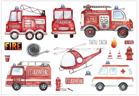 MissRompy Feuerwehr Bügelbilder Set, 18 Motive zum Aufbügeln, Applikation Bügelsticker