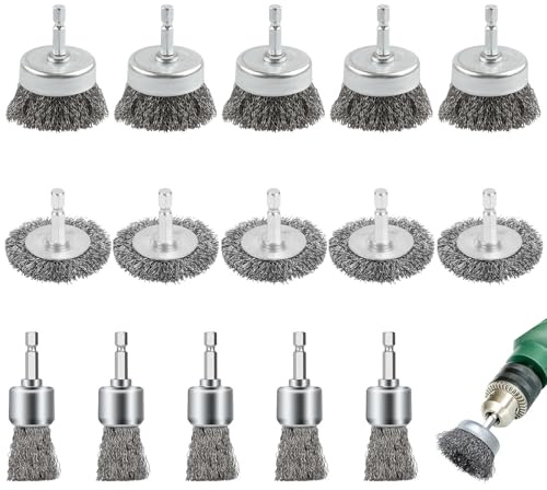 Lot de 15 brosses métalliques pour perceuse, brosse métallique avec tige hexagonale de 6,35 mm, meuleuse d'angle en acier inoxydable pour nettoyer la peinture antirouille