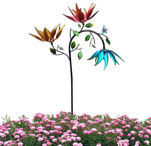 Sunflower Butterfly Wind Spinner Rotator | Metal Wind Spinners for Garden | Magische Windmühle aus Metall mit 3 Blütenblättern | Draußen Stehend Windmühlen-Skulpturen & Spinner Dekoration für Hof
