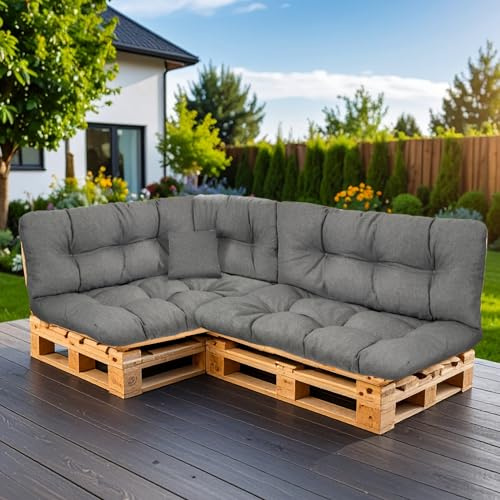SLIPIO Palettenkissen für Europaletten, 6-TLG. Set, wasserfest, Dunkelgrau | Palettenpolster; FÜLLPRO+ Füllung; 2x Rückenkissen 120x40 cm + 2x Sitzkissen 120x80 cm + 60x40 + 50x50
