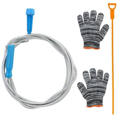 Spirale per la pulizia dei tubi, stura tubi di scarico, sonda sturatubi per trapano, manico blu, 300 cm, con 1 paio di guanti neri e 1 pulitore per tubi, per lavabo, vasca da bagno