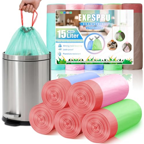 Expspru 15L Bin Liners Drawstring Bin Bags with Tie Handle Small Bin Liners Colorful Pedal Trash Bin Bags for Bathroom,Office, Kitchen,90 Counts