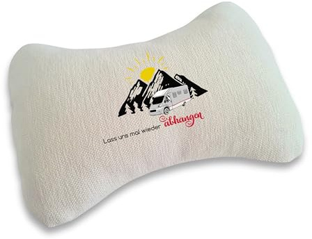 DRUC KLAUS Personalisiertes Reisekissen Wohnmobil – „Lass Uns mal Wieder abhängen“ – Wohnmobil & Bergmotiv – 31×18 cm Subli-Leinen – mit Gummiband