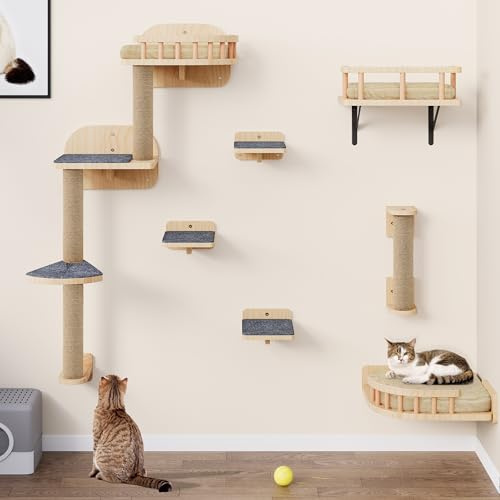 YITAHOME Katzen Kletterwand, Kletterwand Katzen Set aus Holz, 7-Teiliges Stabiler Katzenmöbel mit Kratzbäume, Eckplattform, Treppensteigen und Katzenbett für Katze Schlafen Spielen Lounging