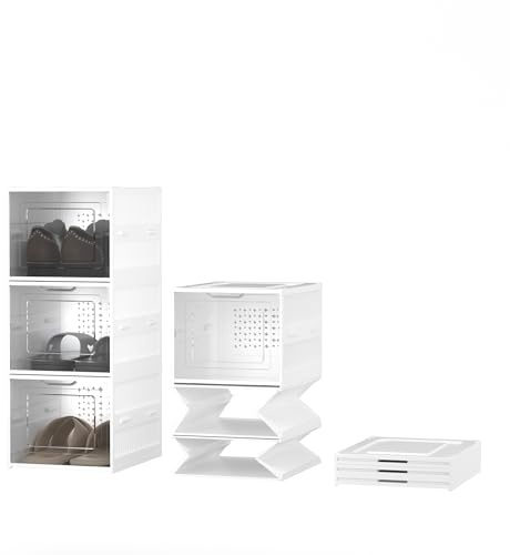 Furnestorica Juego de 3 niveles de zapatos plegables y apilables, zapatero de plástico estable sin montaje con puerta transparente, ahorran espacio, apto para zapatillas de hasta la talla 46, Blanco