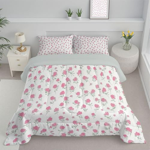 JEDTAKCT Piumino Letto Matrimoniale 4 Stagioni 240X220, Rosa Chiaro Reversibile Piumone Leggero, Graziosi Fiori Di Rosa Illustrazioni Medievali Coperta Trapunta In Microfibra, Lavabile In Lavatrice