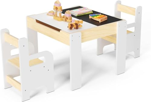 Brolteja Kids Dining Table and Chair Set, Montessori Children's Wooden Play Table with Storage Space Suitable for Children to Reading, Play, Eating (Two Chairs)