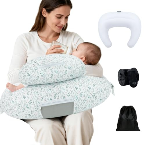 KAKIBLIN Nursing Pillow, Inflatable Breastfeeding Pillows, Feeding Pillow for Back Pain Relief with Waist Strap, Comfort Breastfeeding & Bottle Support,Removable Washable (Twig)