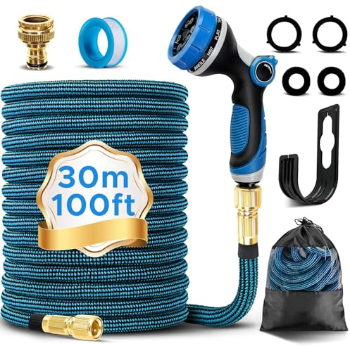 Gartenschlauch Flexibel 30M, 100FT Ausziehbare Garten Schlauch Dehnbarer | mit 10 Funktions Gartenbrause, Dehnbarer Flexschlauc mit Messingverschraubungen, 3-Fach Latex Balkonschlauch, Garden Hose