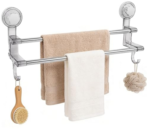Srvillg Double Towel Rail, Self Adhesive Suction Cup Towel Holder, 48-80 cm Expanding Towels Rack for Bathrooms Kitchens (Style 2 - Light Grey)