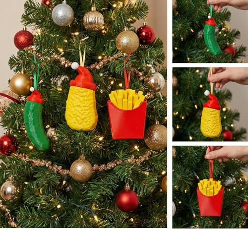 Lustige Weihnachtsbaumkugel – Gurke, Pommes & Chicken Nugget – Weihnachtsdeko, Baumschmuck, Geschenkidee, Wichtelgeschenk, Spaßgeschenk, Party-Mitbringsel - Deko Anhänger Tannenbaum – R-Satz Shop