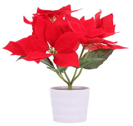 NOLITOY Solar Powered Poinsettia Flower Pot Light, Outdoor Garden Decorative Lamp with Simulated Christmas Red Flower, White LED Landscape Light for Yard Xmas Decor