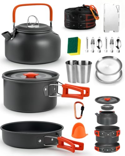 Camping Cooking Equipment Set for 2-3 People, 17 Piece Aluminium Camping Cookware with Kettle, Pots, Pans, Plates, Cups and Windshield for Outdoor Camping