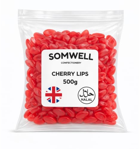 Somwell - Cherry Lips 500g - Halal Chewy Sweets – Retro Pick & Mix Gummies - Ideal Bulk Party Chewy Sweets, Birthday Candy, Cake Decorations & Sharing - Resealable Pouch