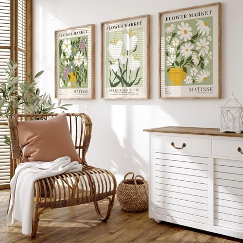 3er Set Premium Poster, Moderne Blumenmarkt Matisse Dekobild, Grün & Weiß Blumen Kunst, Leinwanddrucke Wanddekoration für Wohnzimmer Schlafzimmer, Ohne Rahmen (40x50cm)