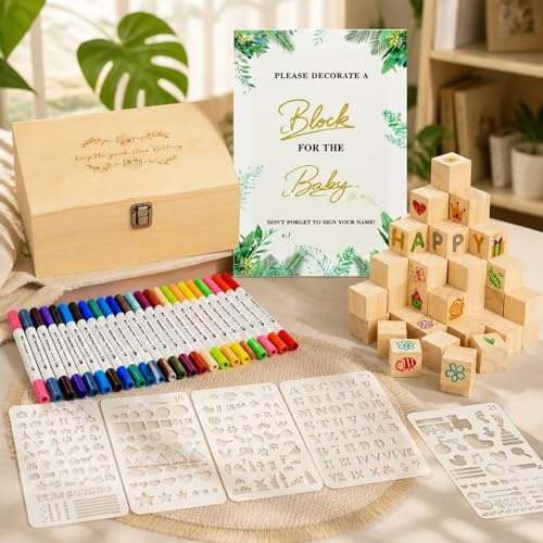 Babyparty Spiele 87-Teilig, Bauklötze Bemalen Babyparty, Holz Kreativität Baby Spiele Set mit 56 Holzblöcken zum Bemalen, 24 Acrylstiften, 5 Schablonen, 1 Holzschild und 1 Holzbox