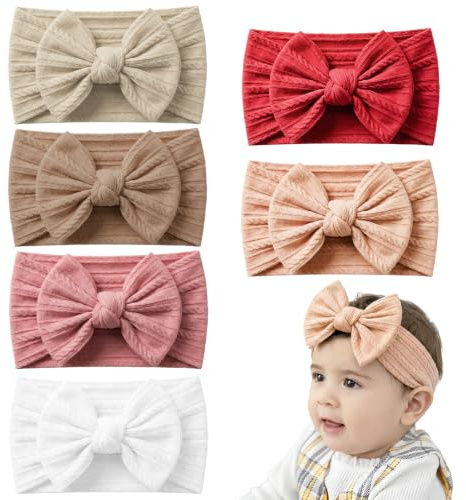 6 PCS Soft Baby Headband, Elastic Nylon Baby Girl Headbands with Cute Bows, Stretchy Newborn Headbands for Girls Toddlers Babies Infant